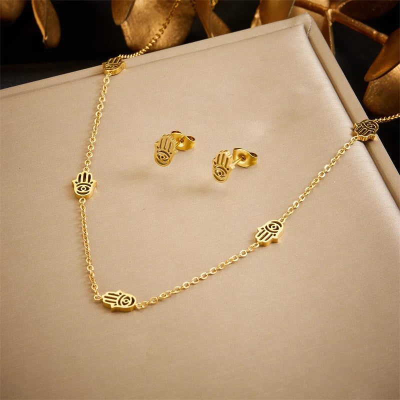 DIEYURO 316L Stainless Steel Pearl Butterfly Flower Golden Necklace Earrings For Womens 2024 New Party Gift Fashion Jewelry Set