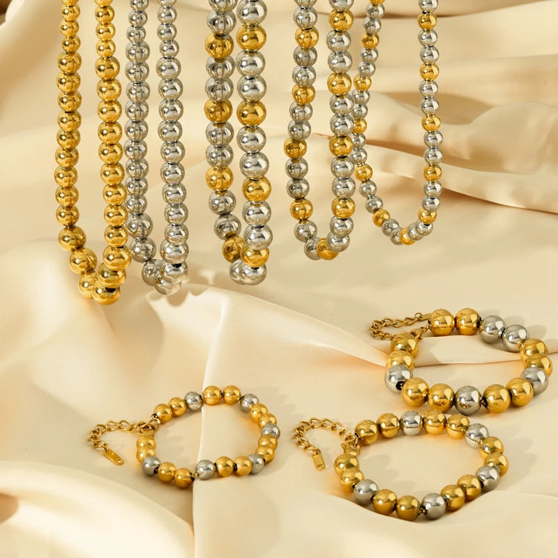 EILIECK 316L Stainless Steel Gold Silver Color Solid Beads Balls Necklace Bracelet For Women Girl Fashion New Year Jewelry Set