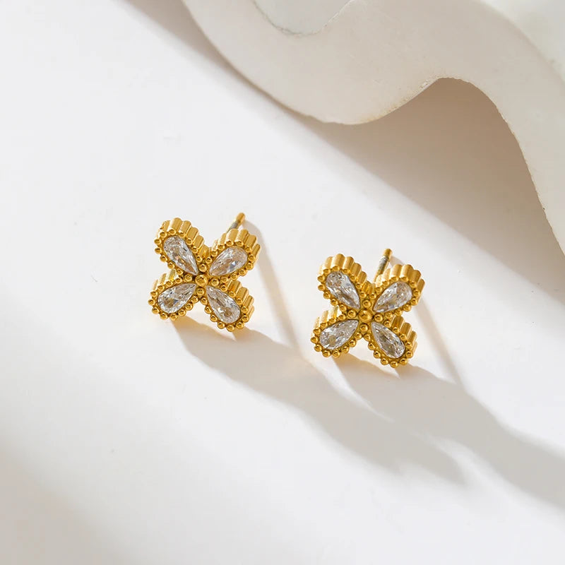 EILIECK 316L Stainless Steel Flower Petal Zircon Necklace Earrings Bracelet Set For Women Fashion Waterproof Jewelry Party Gift
