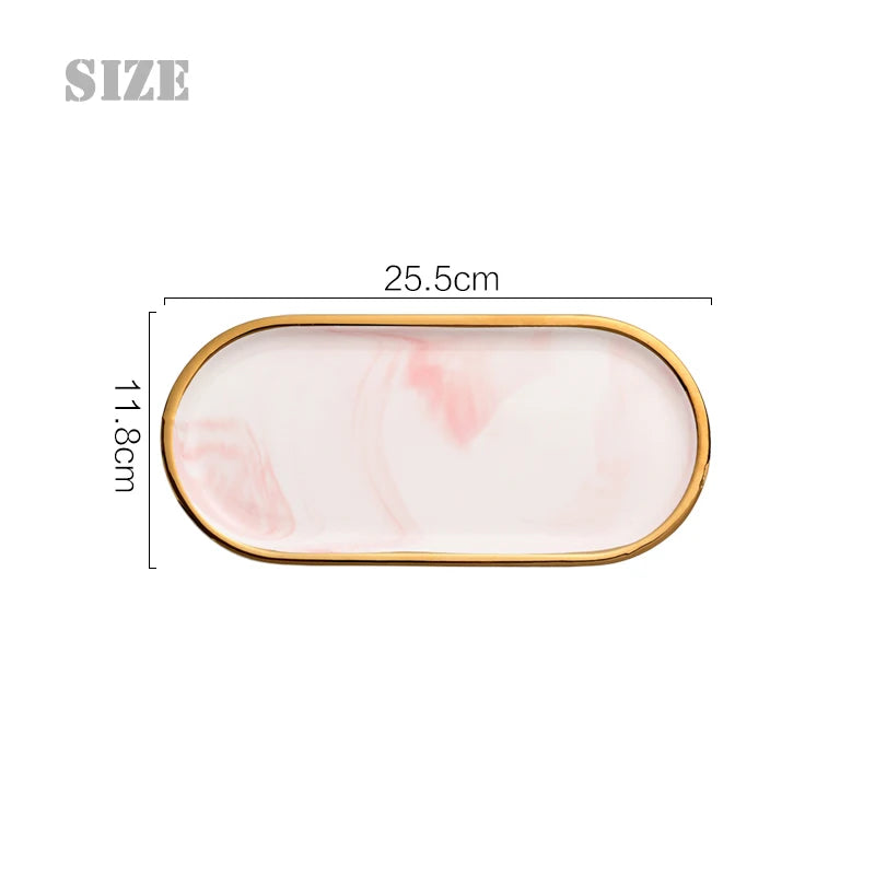 Nordic Marble Oval Disk with Gold Border, Ceramic Jewelry Storage, Display Tray, Living Room, Dining Table Decorations, Home Dec