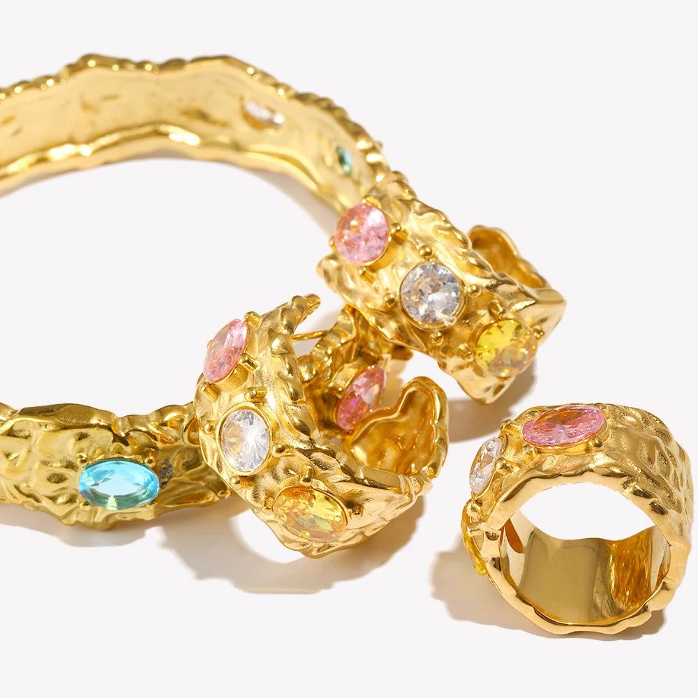 E.B.belle Cast  Irregular Colorful Rhinestone Bracelet Earring Ring Jewelry Set 18k Gold Plated Stainless Steel For Women Charm
