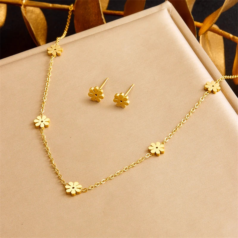 DIEYURO 316L Stainless Steel Pearl Butterfly Flower Golden Necklace Earrings For Womens 2024 New Party Gift Fashion Jewelry Set