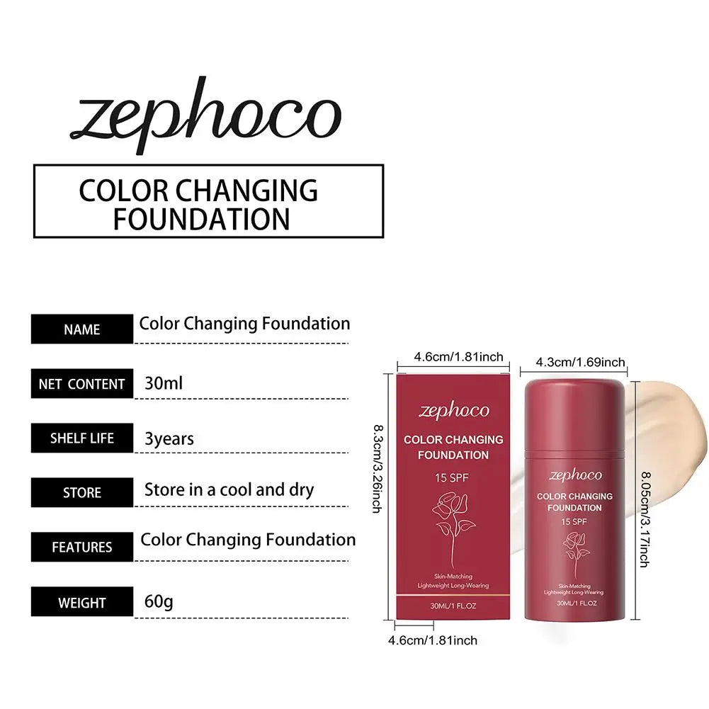 30ml ZEPHOCO Temperature Changing Foundation Portable Lightweight Base Makeup Long Lasting Hydrating Sheer Natural Daily Use