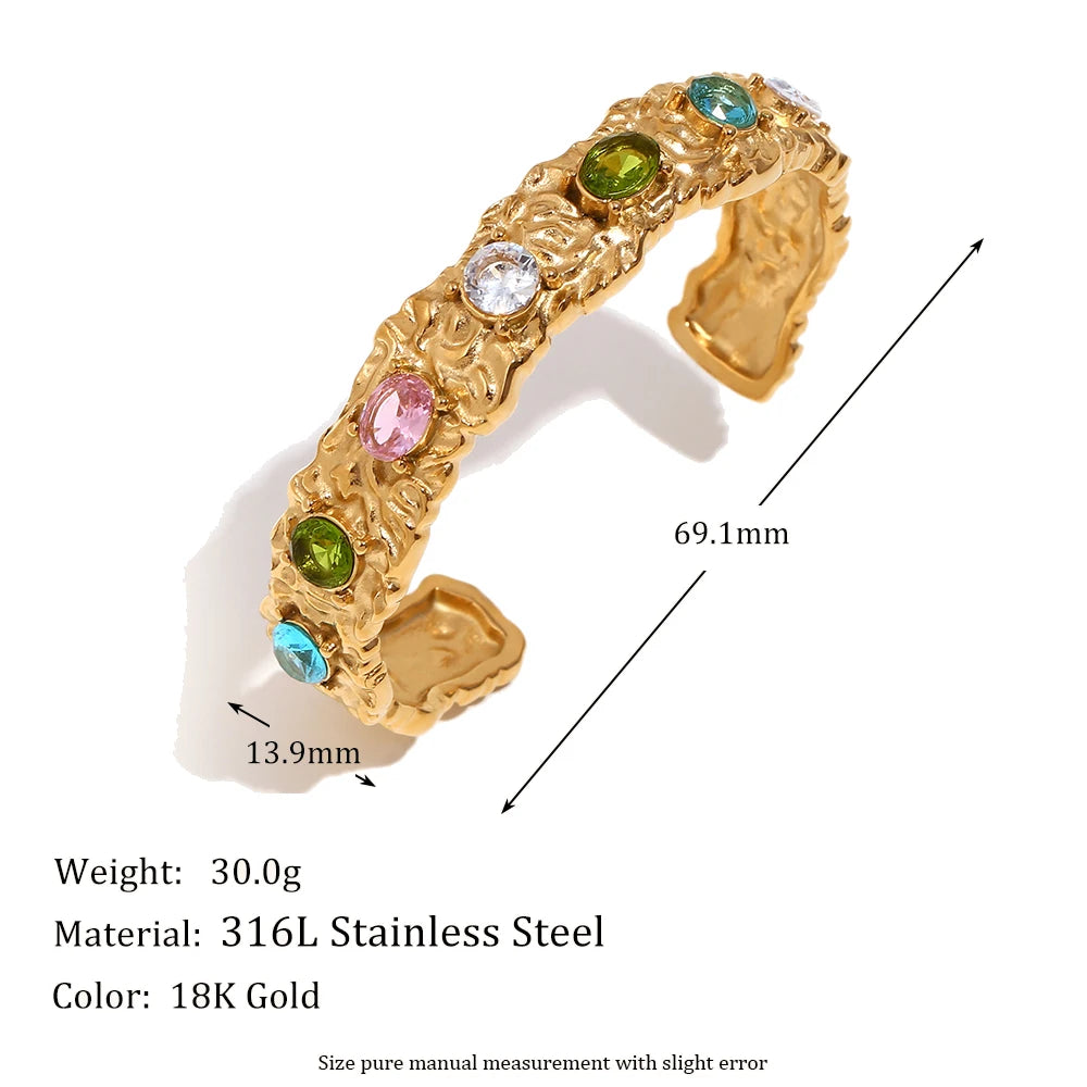 E.B.belle Cast  Irregular Colorful Rhinestone Bracelet Earring Ring Jewelry Set 18k Gold Plated Stainless Steel For Women Charm
