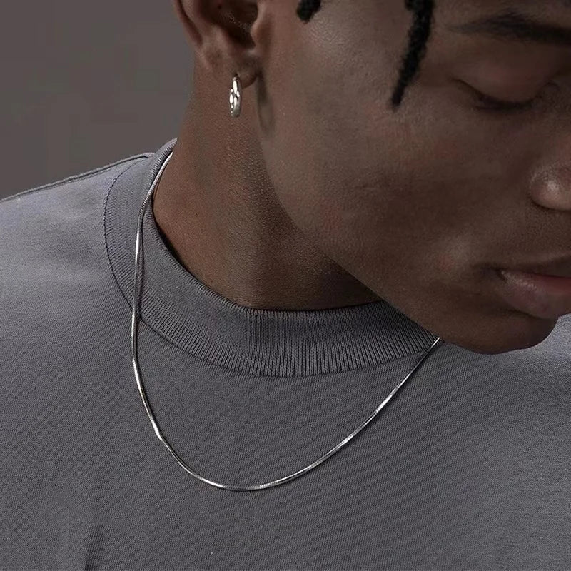 Hip Hop Men Stainless Steel Chain Necklace Simple Silver Color Square Snake Bone Chain Necklace Fashion Jewelry Accessories