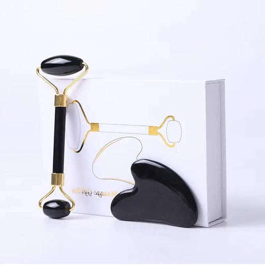 Obsidian Face Massage Roller Gouache Scraper Guasha Massage Tool Gouache Stone Facial Jade Roller Massager Face Scraper Set