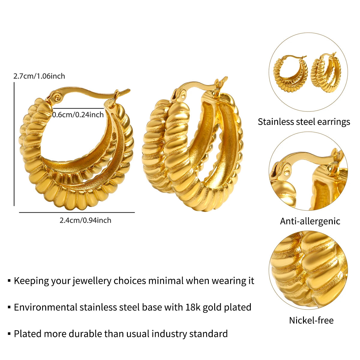Hoop Earrings for Women Trendy Golden Stainless Steel Earring Jewelry New