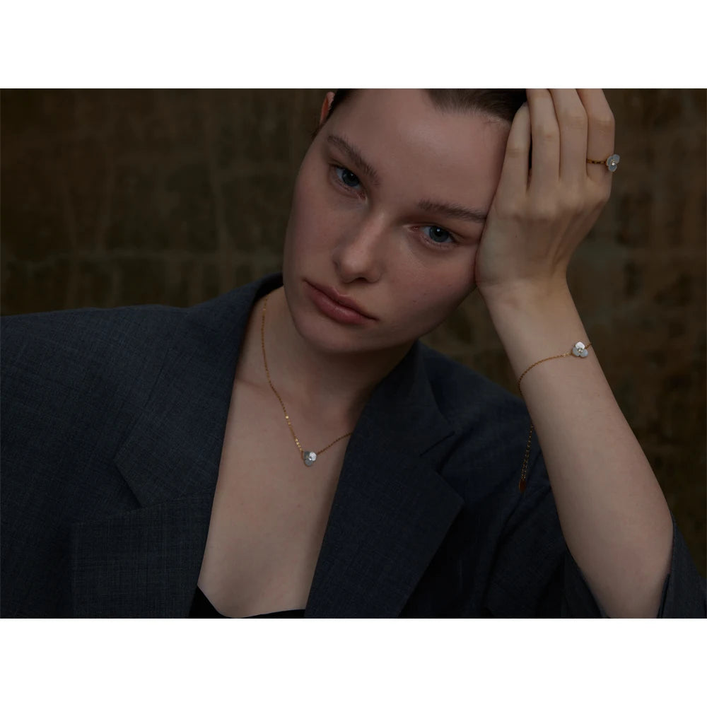 Yhpup Waterproof Exclusive Natural Shell Flower Golden Necklace Earrings Ring Bracelet Set Stainless Steel Sweet Fairy Jewelry