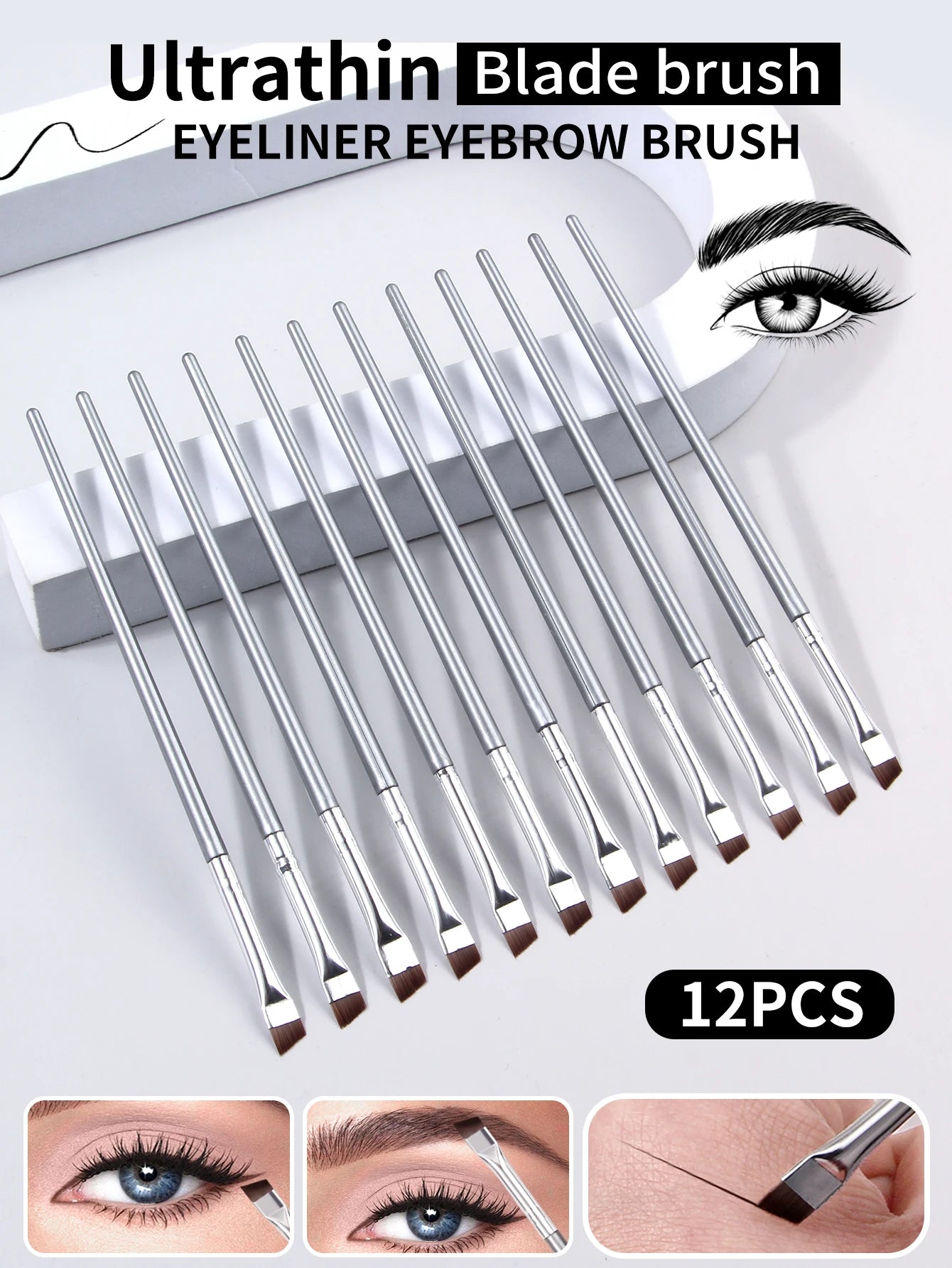 12pcs silvery Super Thin Blade Eyeliner Brush & Soft Makeup Brush Set, Portable Eyebrow Brush & Multipurpose Cosmetic Tool