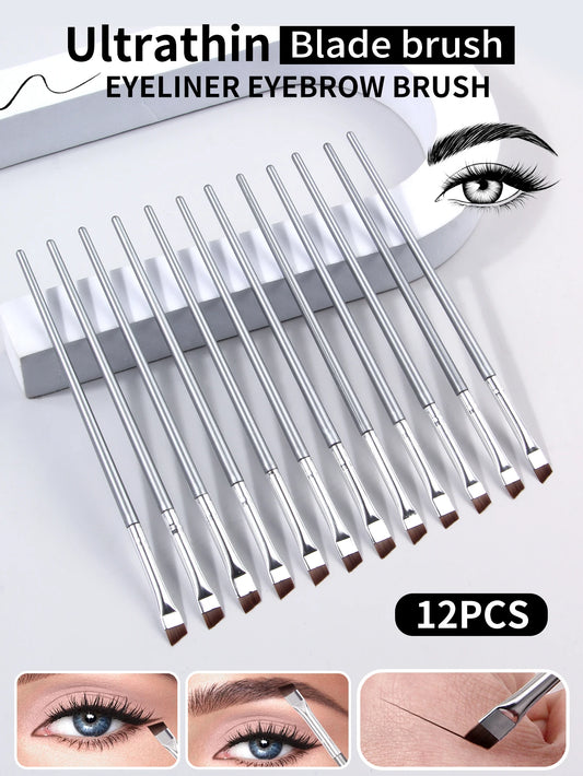 12pcs silvery Super Thin Blade Eyeliner Brush & Soft Makeup Brush Set, Portable Eyebrow Brush & Multipurpose Cosmetic Tool