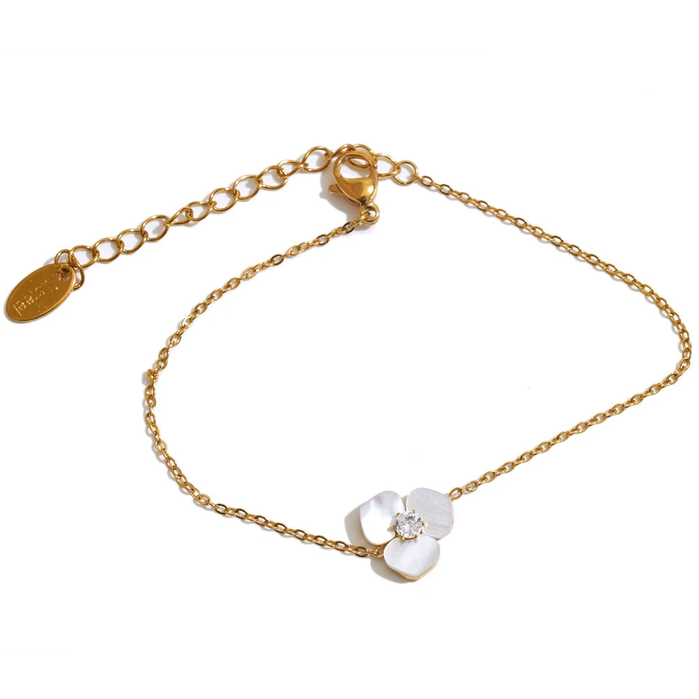 Yhpup Waterproof Exclusive Natural Shell Flower Golden Necklace Earrings Ring Bracelet Set Stainless Steel Sweet Fairy Jewelry