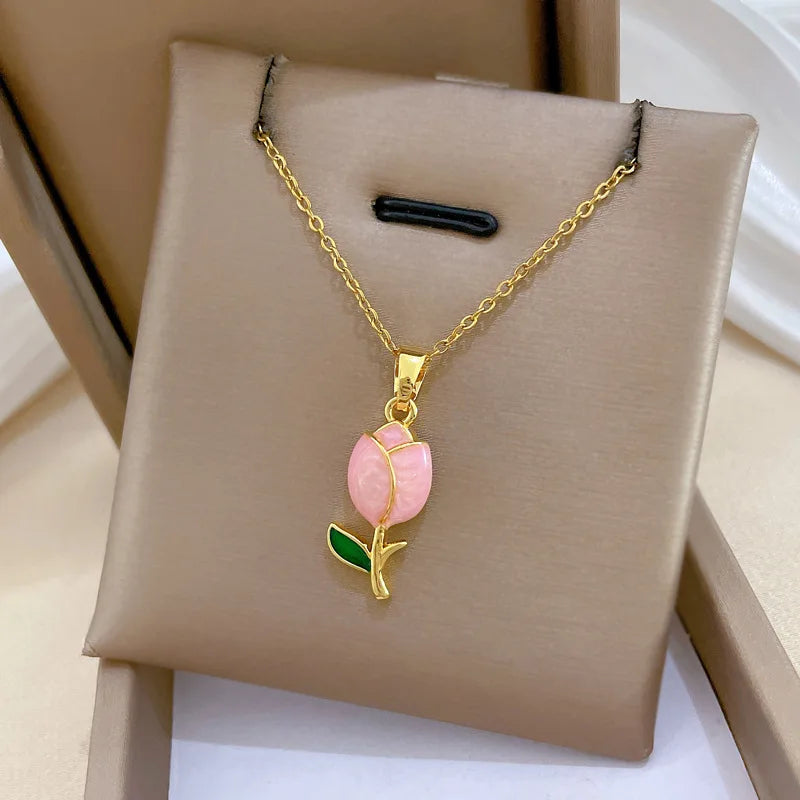 DIEYURO 316L Stainless Steel Pink Dripping Oil Tulip Flower Pendant Necklace Earrings Set Lady New Classic Jewelry Glamorous