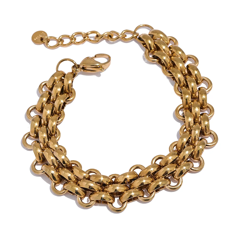 Yhpup Waterproof 18K Gold Plated Stainless Steel Metal Cuban Chain Statement Necklace Bracelet Set Charm Fashion Jewelry Women