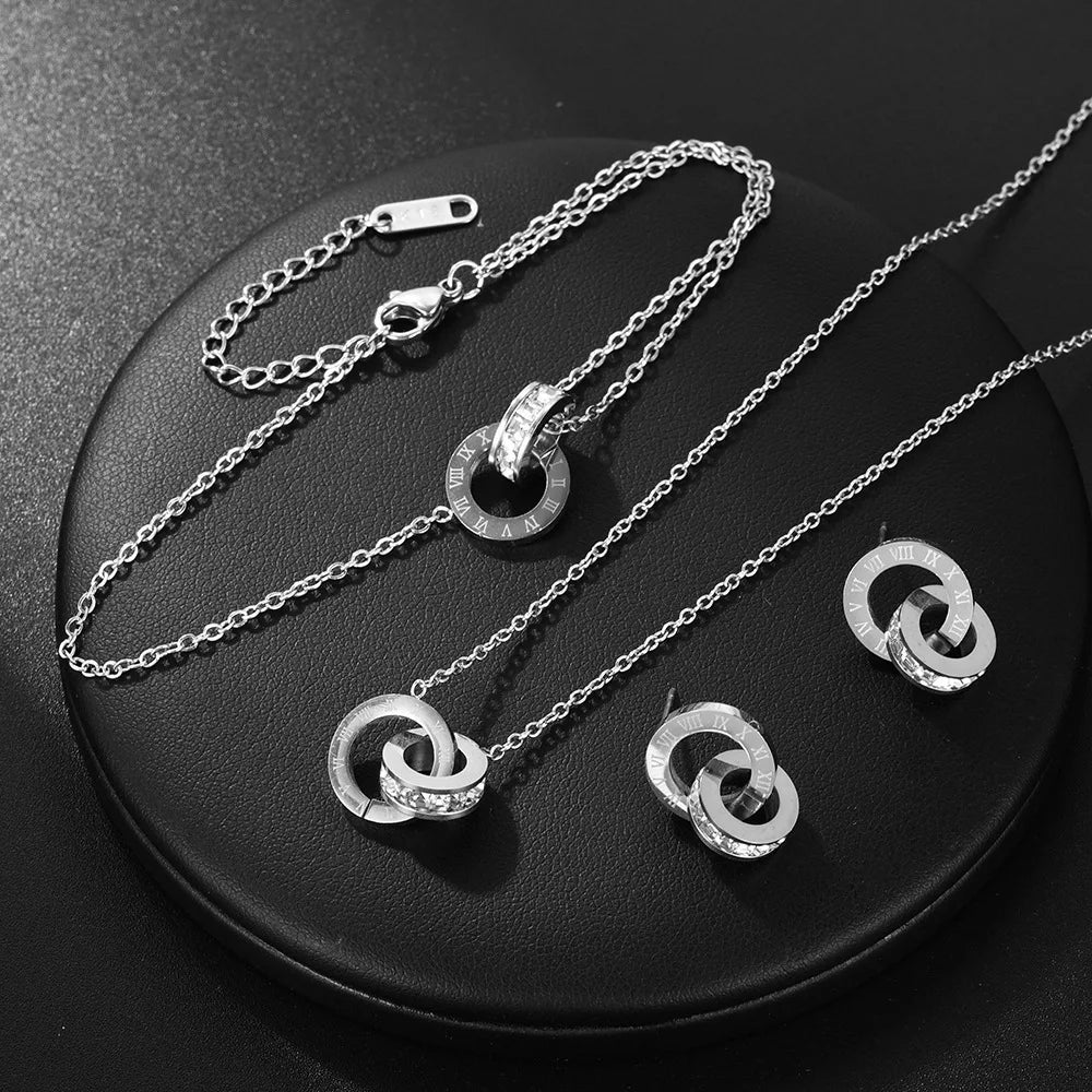 Yupsk 4Pcs/Set Stainless Steel Circles Roman Numbers Necklace Bracelet Earrings for Women Simple Versatile Daily Jewelry