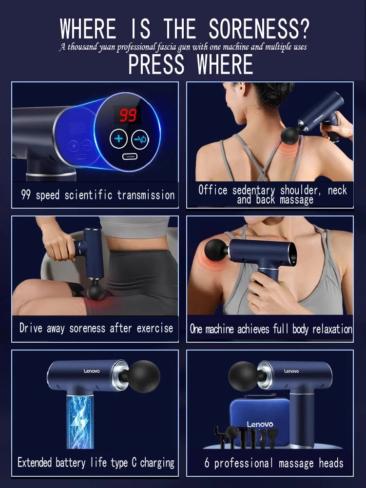 Original Lenovo Professional Grade Fascia Gun N2 N3 Series Muscle Relaxation Massager LED Touch Screen 6-8Massage Head Gifts