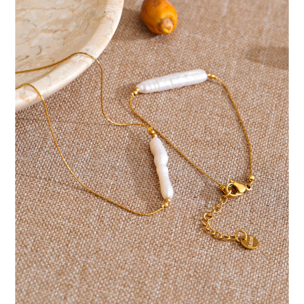 Yhpup Stainless Steel Baroque Natural Freshwater Pearl Chain Pendant Necklace Bracelet Bangle Set Luxury Gift for Mother Jewelry