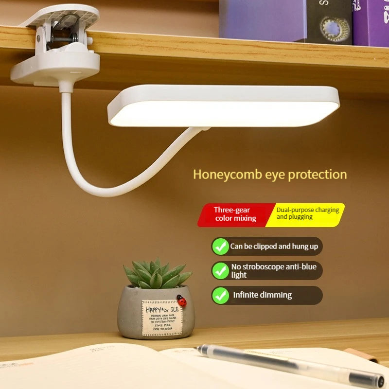 Clip-On Desk Lamp with Eye Care, USB Rechargeable & Plug-in Dimmable LED Light, Adjustable Study Lamp for College Dorm, Bedroom