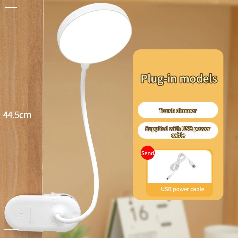 Portable USB Table Lamp Desk Lamp Plug-in/Rechargeable Clip Bed Reading Night Light LED Touch 3 Modes Dimming Eye Protection