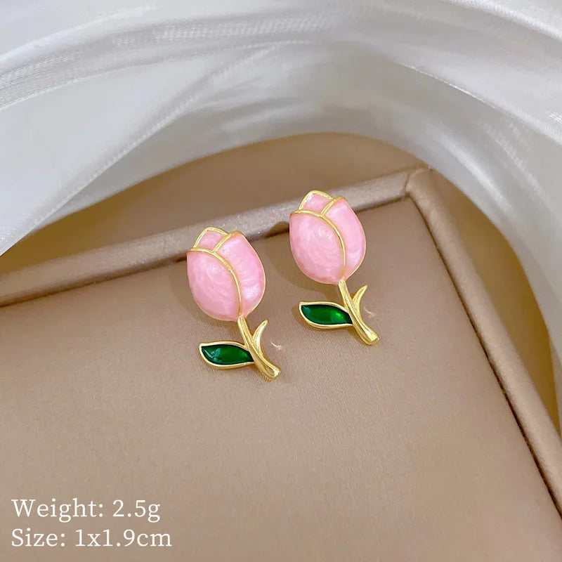 DIEYURO 316L Stainless Steel Pink Dripping Oil Tulip Flower Pendant Necklace Earrings Set Lady New Classic Jewelry Glamorous