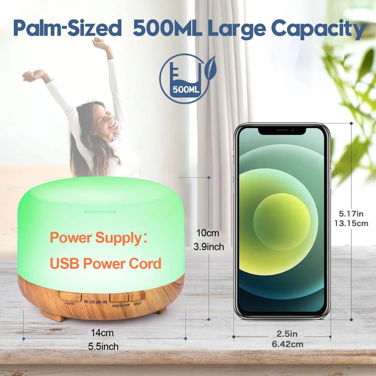 500ML Aroma Diffuser (6 Oils Optional), 5V 2A Essential Oil Aromatherapy Diffuser Humidifier with Remote Control