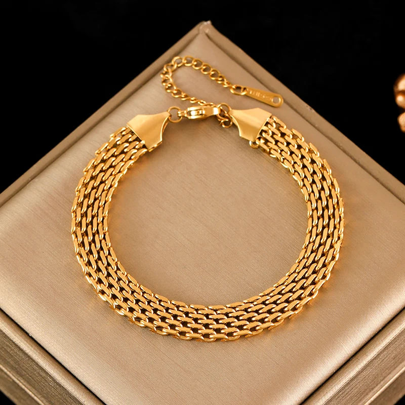 EILIECK 316L Stainless Steel Metal Gold Color Wide Watch Chains Neckalce Bracelet Set For Women Trendy Waterproof Jewelry Gift