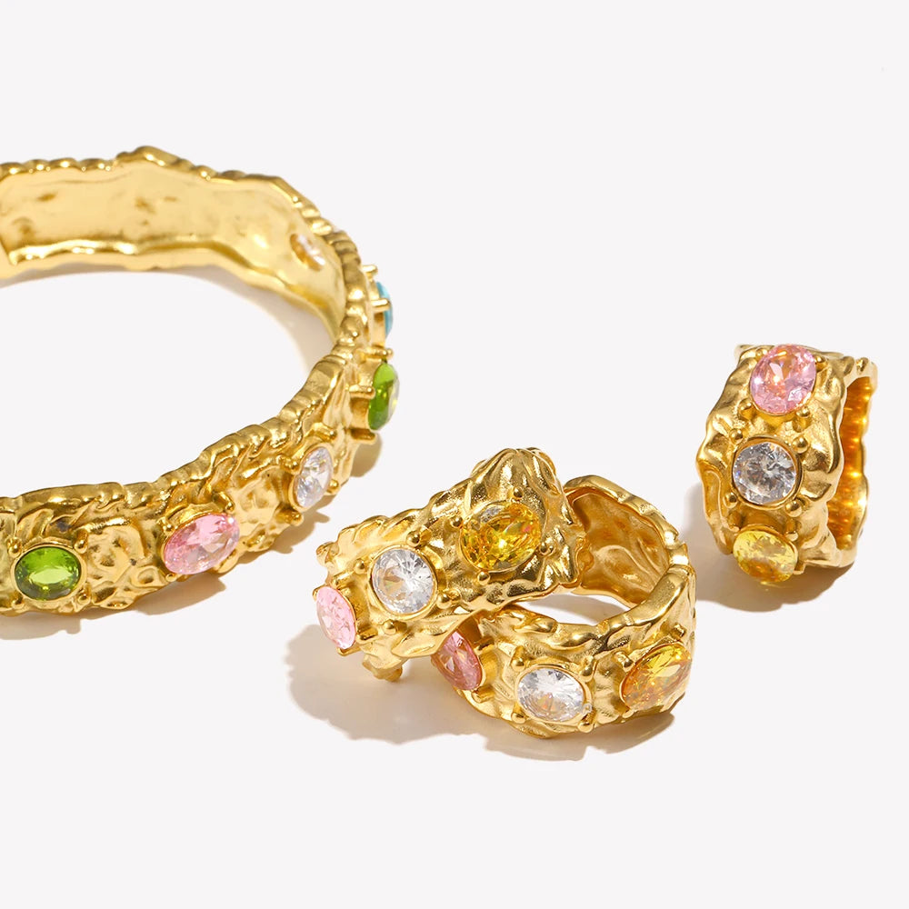 E.B.belle Cast  Irregular Colorful Rhinestone Bracelet Earring Ring Jewelry Set 18k Gold Plated Stainless Steel For Women Charm