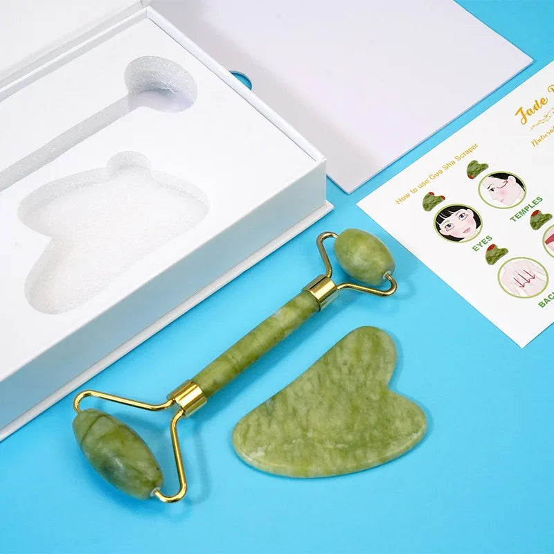 2pcs Jade Massagers For Face Body Gua Sha Scraper Beauty Facial Roller Set Natural Gouache Stone Massage Slimming Skin Care Lift