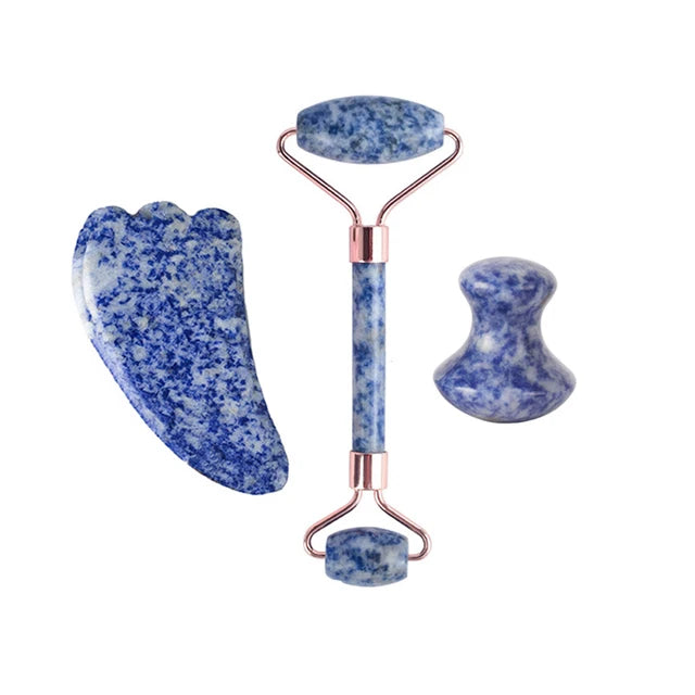 Natural Blue White Dot Jade Roller And Gua Sha Stone Set Facial Gouache Scraper Massager Lifting Anti-Wrinkle Skin Care