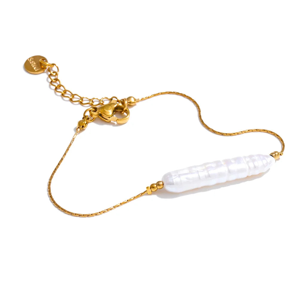 Yhpup Stainless Steel Baroque Natural Freshwater Pearl Chain Pendant Necklace Bracelet Bangle Set Luxury Gift for Mother Jewelry