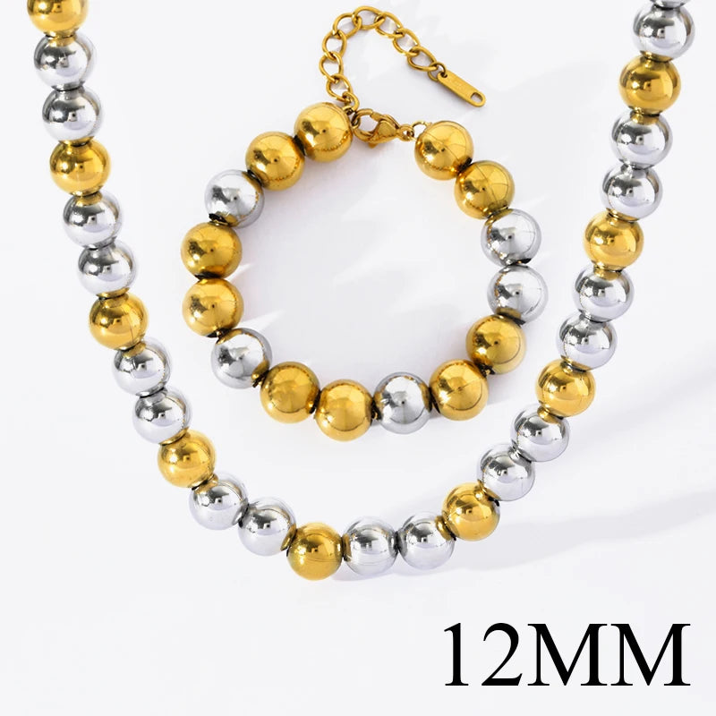 EILIECK 316L Stainless Steel Gold Silver Color Solid Beads Balls Necklace Bracelet For Women Girl Fashion New Year Jewelry Set