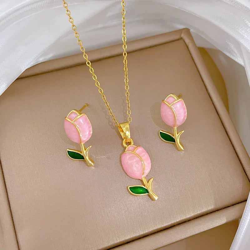 DIEYURO 316L Stainless Steel Pink Dripping Oil Tulip Flower Pendant Necklace Earrings Set Lady New Classic Jewelry Glamorous