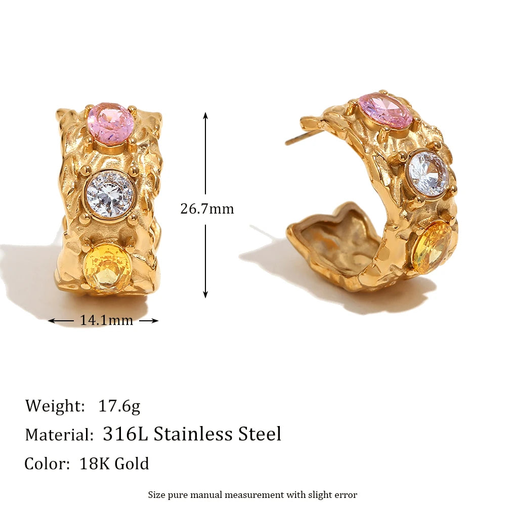 E.B.belle Cast  Irregular Colorful Rhinestone Bracelet Earring Ring Jewelry Set 18k Gold Plated Stainless Steel For Women Charm