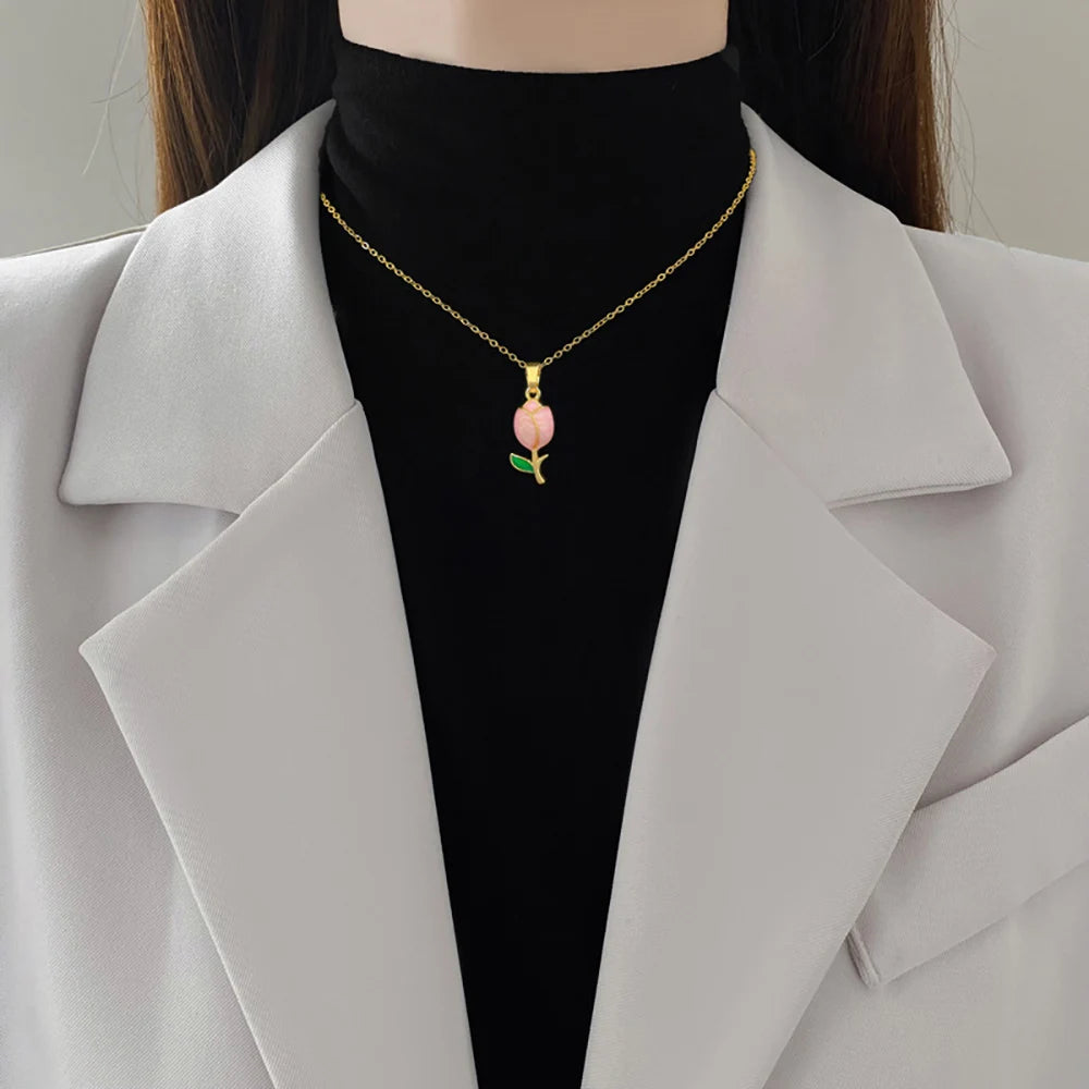 DIEYURO 316L Stainless Steel Pink Dripping Oil Tulip Flower Pendant Necklace Earrings Set Lady New Classic Jewelry Glamorous