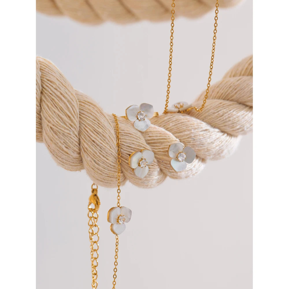 Yhpup Waterproof Exclusive Natural Shell Flower Golden Necklace Earrings Ring Bracelet Set Stainless Steel Sweet Fairy Jewelry