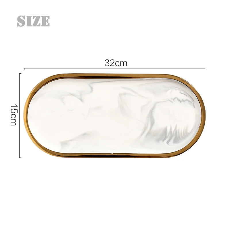 Nordic Marble Oval Disk with Gold Border, Ceramic Jewelry Storage, Display Tray, Living Room, Dining Table Decorations, Home Dec