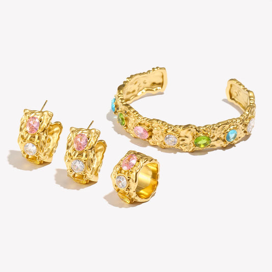 E.B.belle Cast  Irregular Colorful Rhinestone Bracelet Earring Ring Jewelry Set 18k Gold Plated Stainless Steel For Women Charm