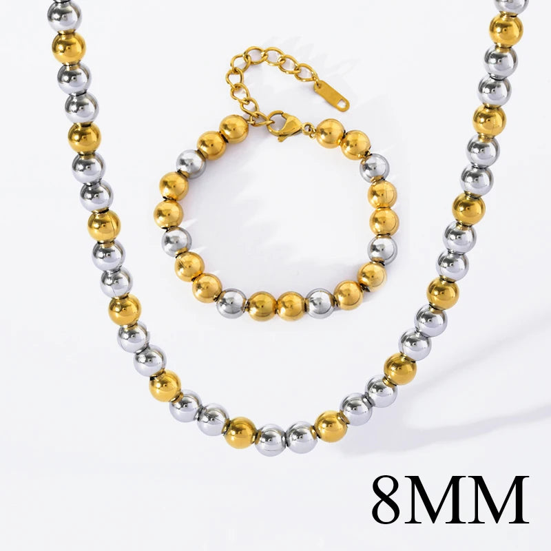EILIECK 316L Stainless Steel Gold Silver Color Solid Beads Balls Necklace Bracelet For Women Girl Fashion New Year Jewelry Set