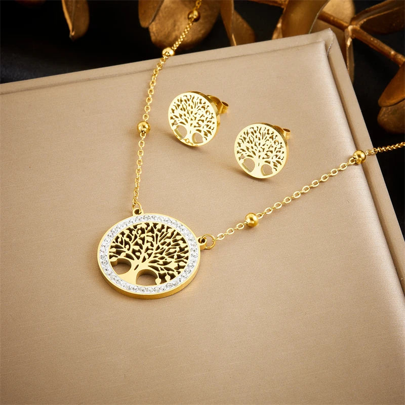 DIEYURO 316L Stainless Steel Pearl Butterfly Flower Golden Necklace Earrings For Womens 2024 New Party Gift Fashion Jewelry Set