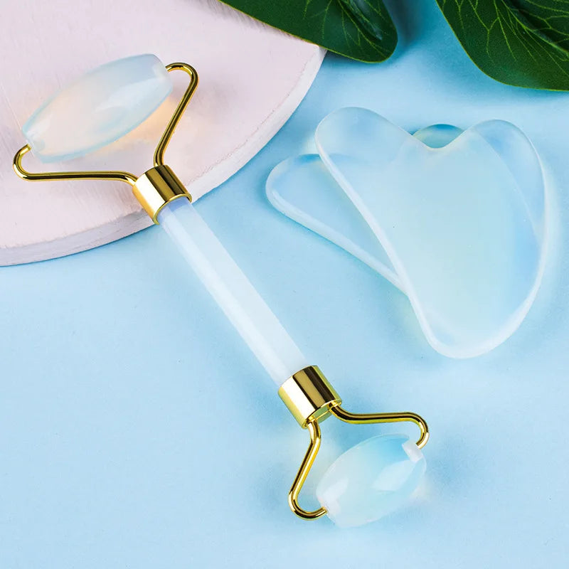 Opalite Jade Massage Roller Gua Sha Set Opal Quartz Crystal Facial Skin Lifting Anti Wrinkle Gouache Scraper Jade Massager