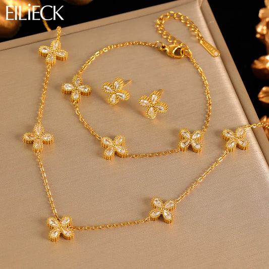 EILIECK 316L Stainless Steel Flower Petal Zircon Necklace Earrings Bracelet Set For Women Fashion Waterproof Jewelry Party Gift