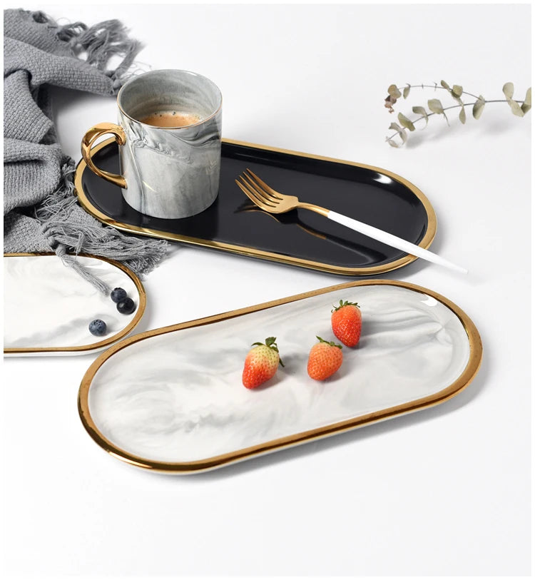 Nordic Marble Oval Disk with Gold Border, Ceramic Jewelry Storage, Display Tray, Living Room, Dining Table Decorations, Home Dec