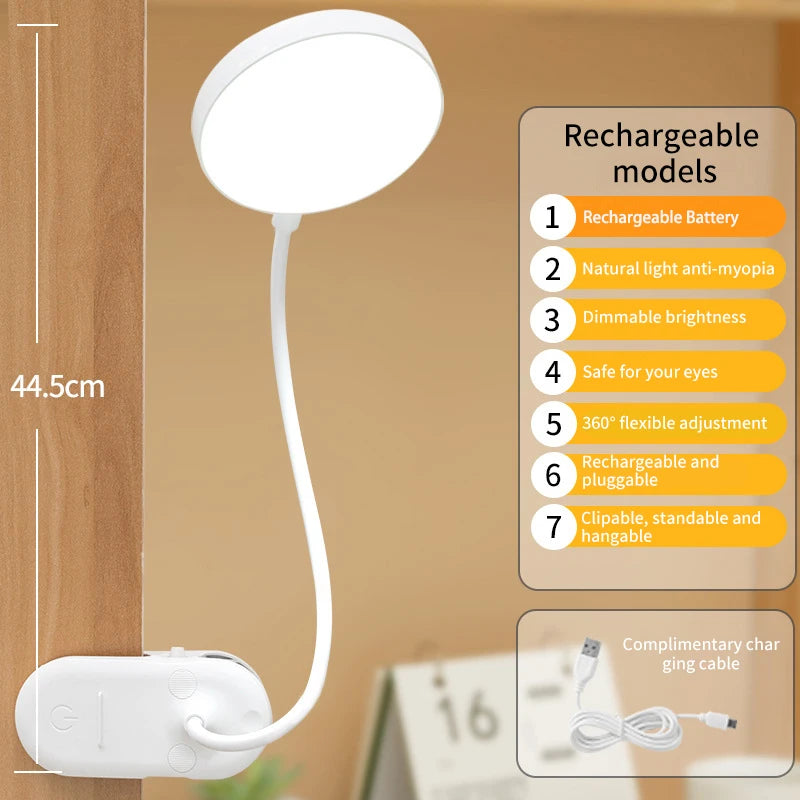 Portable USB Table Lamp Desk Lamp Plug-in/Rechargeable Clip Bed Reading Night Light LED Touch 3 Modes Dimming Eye Protection