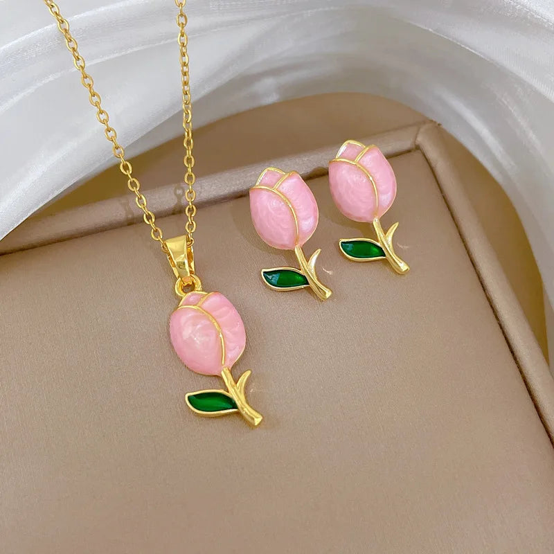 DIEYURO 316L Stainless Steel Pink Dripping Oil Tulip Flower Pendant Necklace Earrings Set Lady New Classic Jewelry Glamorous