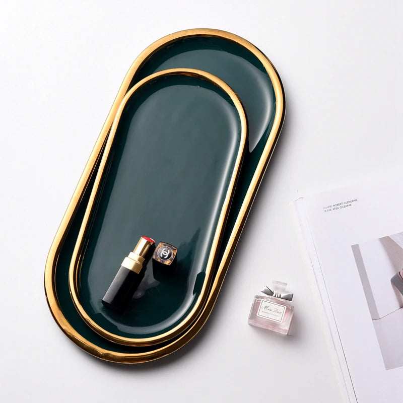 Nordic Marble Oval Disk with Gold Border, Ceramic Jewelry Storage, Display Tray, Living Room, Dining Table Decorations, Home Dec