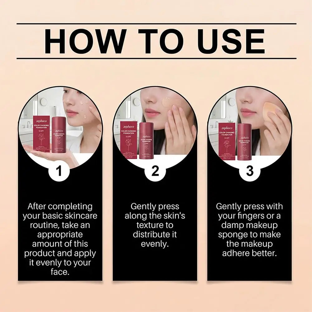 30ml ZEPHOCO Temperature Changing Foundation Portable Lightweight Base Makeup Long Lasting Hydrating Sheer Natural Daily Use
