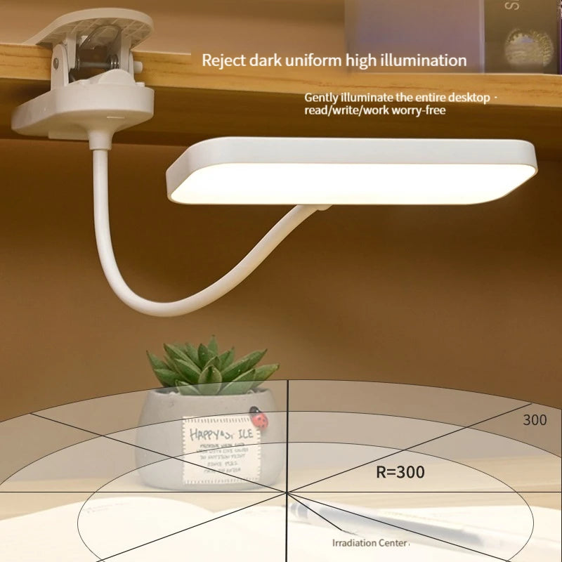 Clip-On Desk Lamp with Eye Care, USB Rechargeable & Plug-in Dimmable LED Light, Adjustable Study Lamp for College Dorm, Bedroom