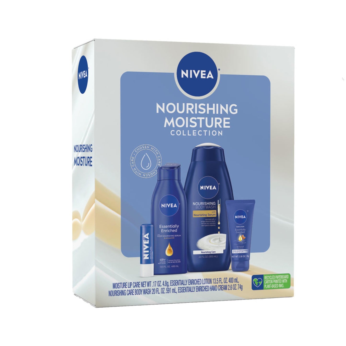 NIVEA Nourishing Moisture Collection Skin Care Set Nourishing Care Body Wash 20 Fl Oz Bottle + Body Lotion 13.5 Fl Oz Bottle + Hand Cream 2.6 Oz Tube + Moisture Lip Care Balm 0.17 Oz Stick