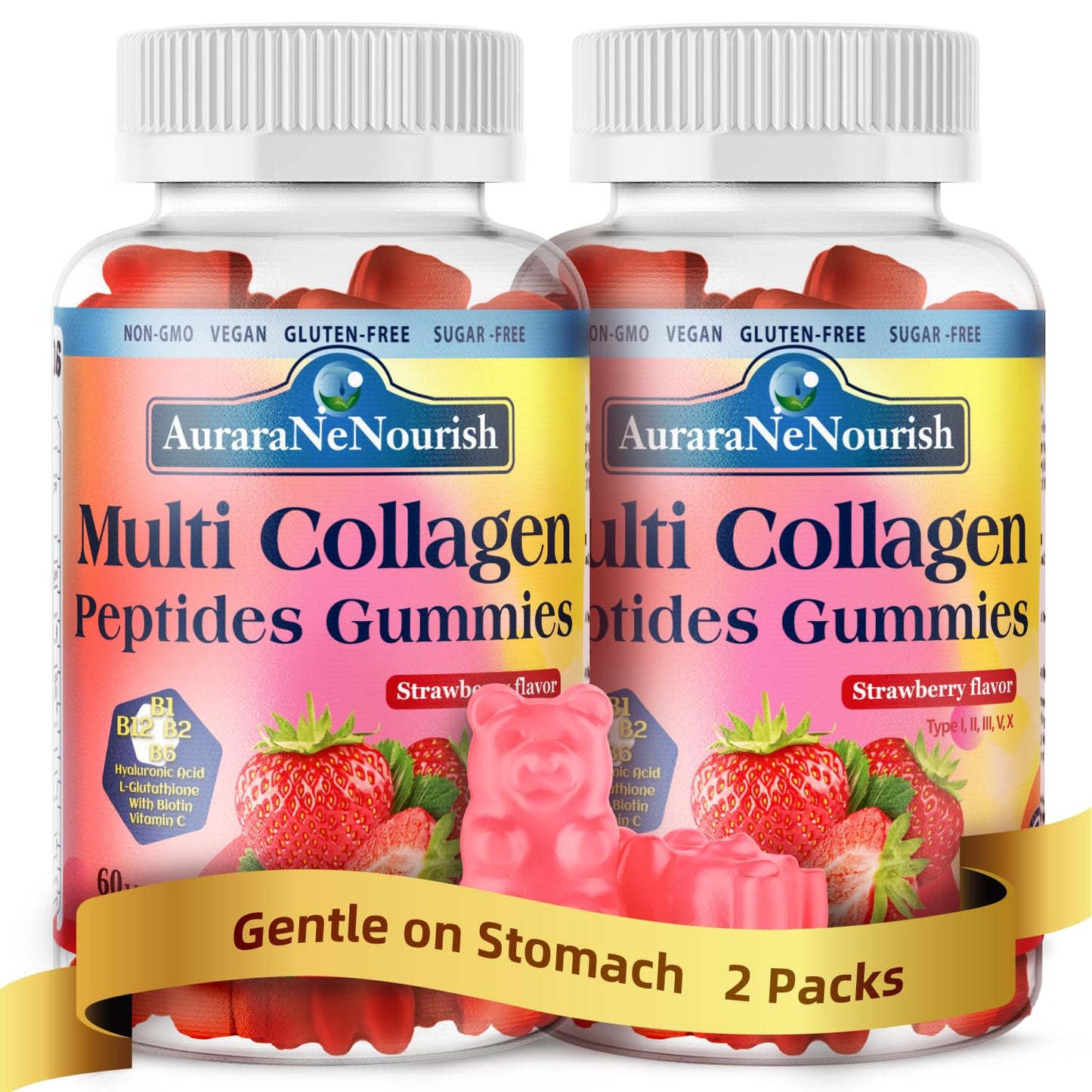 2 Pack Multi Collagen Peptides Gummies Sugar Free Hydrolyzed 5000mg Protein丨Type IIIIIIVX with Biotin Hyaluronic Acid Vitamin C A D B6 B12 L-Glutathione for Skin Hair Nail & Joint -StrawBerry