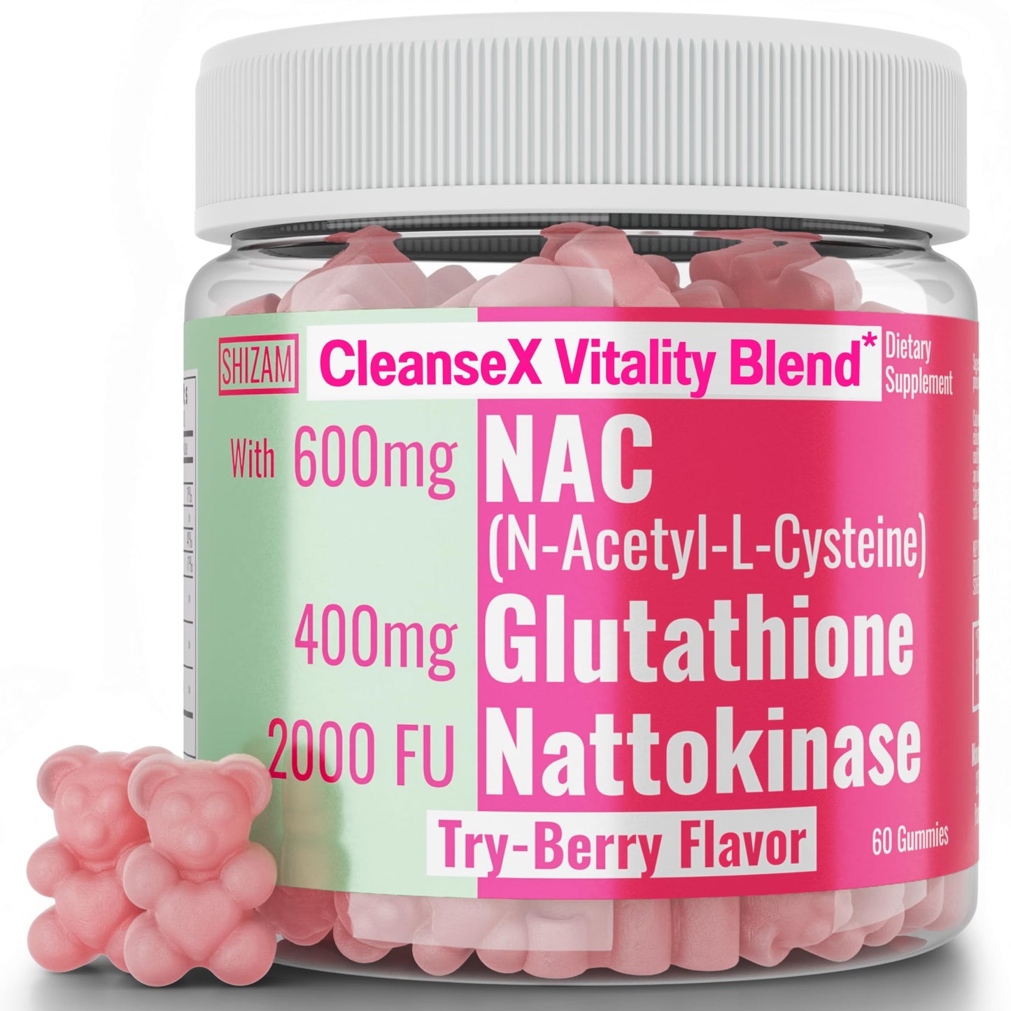 SHIZAM 600mg NAC 2000 FU 100mg Nattokinase & 400mg Reduced L Glutathione Gummies N-Acetyl Cysteine Capsule Powder Pill Liquid Supplement/Supplements Alt Organic N Acetylcysteine 1000mg 4000 600 mg